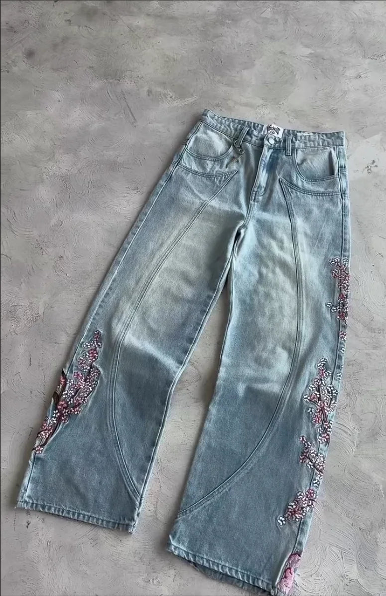 American Fashion Cherry Blossom Knight Embroidered Y2K Jeans