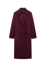 Elegant Burgundy Double-Breasted Long Coat