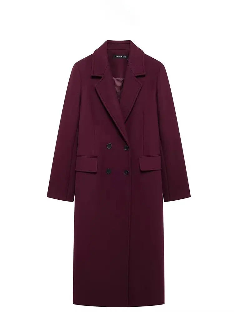 Elegant Burgundy Double-Breasted Long Coat