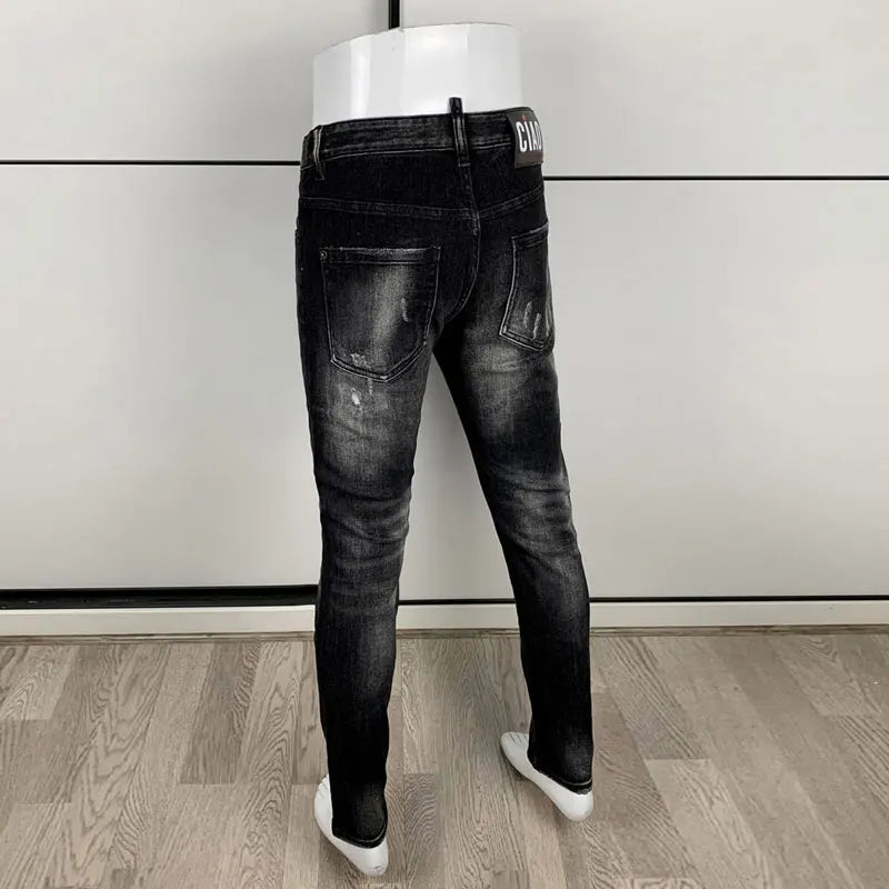 Men's Slim-Fit Distressed Black Grey Denim Jeans