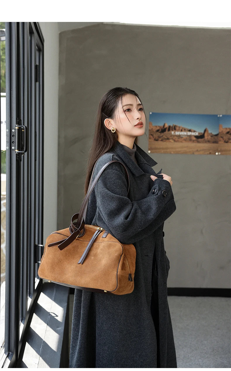 Autumn Winter Women's Cow Genuine Leather Tote Bag Suede Commuting Cowhide Handbags Large Capacity Designer Luxury Velvet Bags