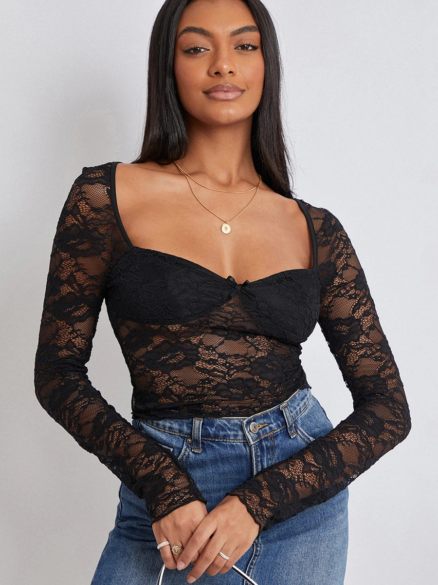 Floral Lace Long Sleeve Crop Top
