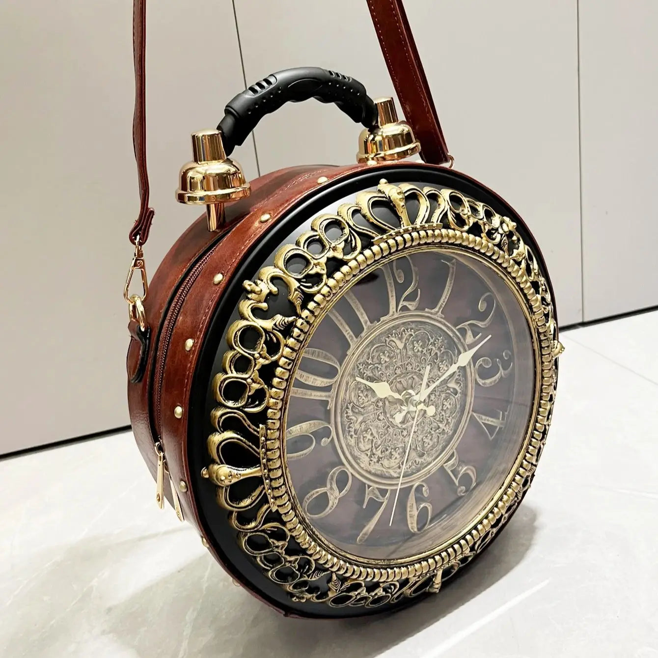 Vintage Clock-Style Circular Shoulder Bag