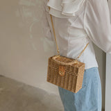 Rattan Straw Shoulder Bag Women Boho Hand-Woven Basket Messenger Pouch Summer Beach Square Box Top-handle Handbag