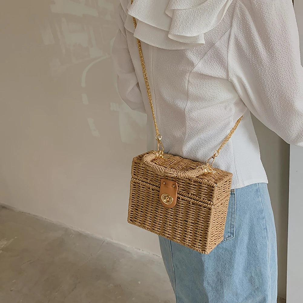 Rattan Straw Shoulder Bag Women Boho Hand-Woven Basket Messenger Pouch Summer Beach Square Box Top-handle Handbag