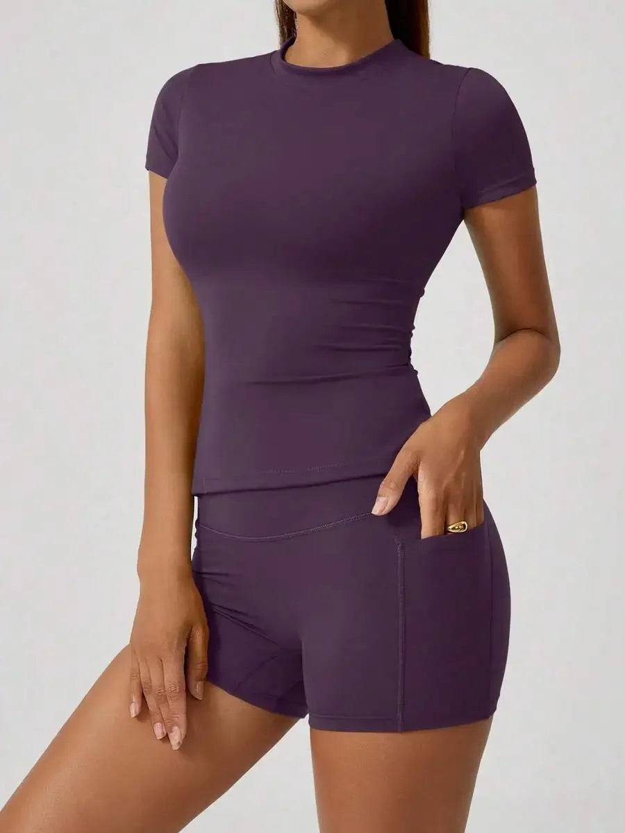 Women's Sculpting Sports Short Sleeve & High-Waist Shorts Set