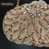 Gold Metal Leaves White Crystals Evening Clutch Bags Luxury Women Wedding Party Purse Ball Handbags Rhinestone Mini Shell Bag