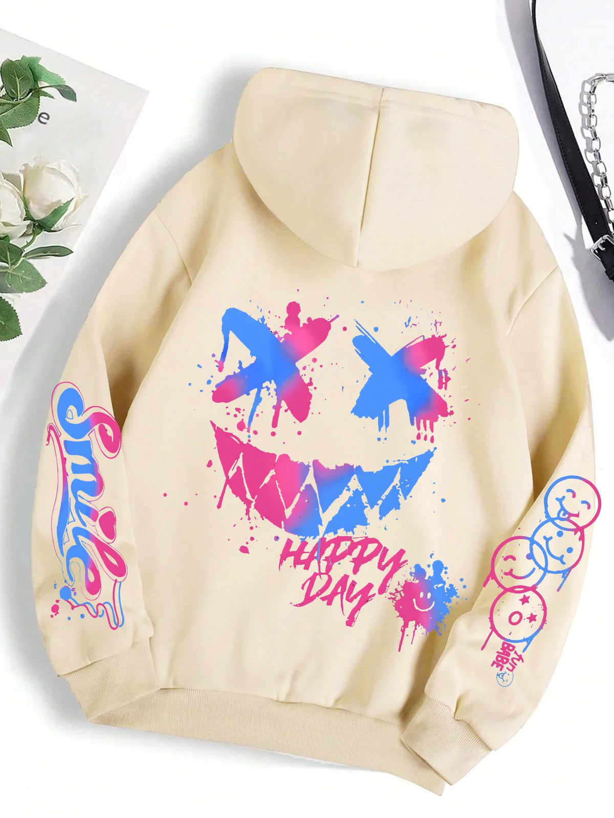 Happy Day Women's Oversized Graffiti Hoodie