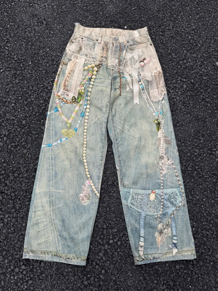 3D Pearl Chain Trompe L'Oeil Straight-Leg Jeans