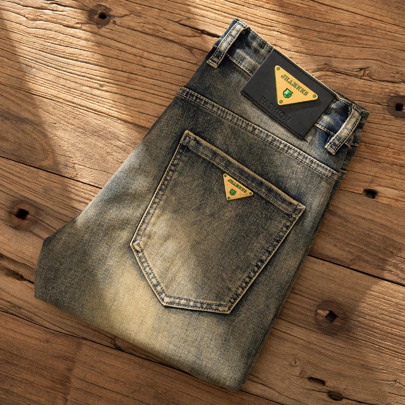 2026 European Trendy Brand Yellow Mud Jeans Men's Retro Old Slim Fit Fashion Long Pants Autumn and Winter Thick Pants