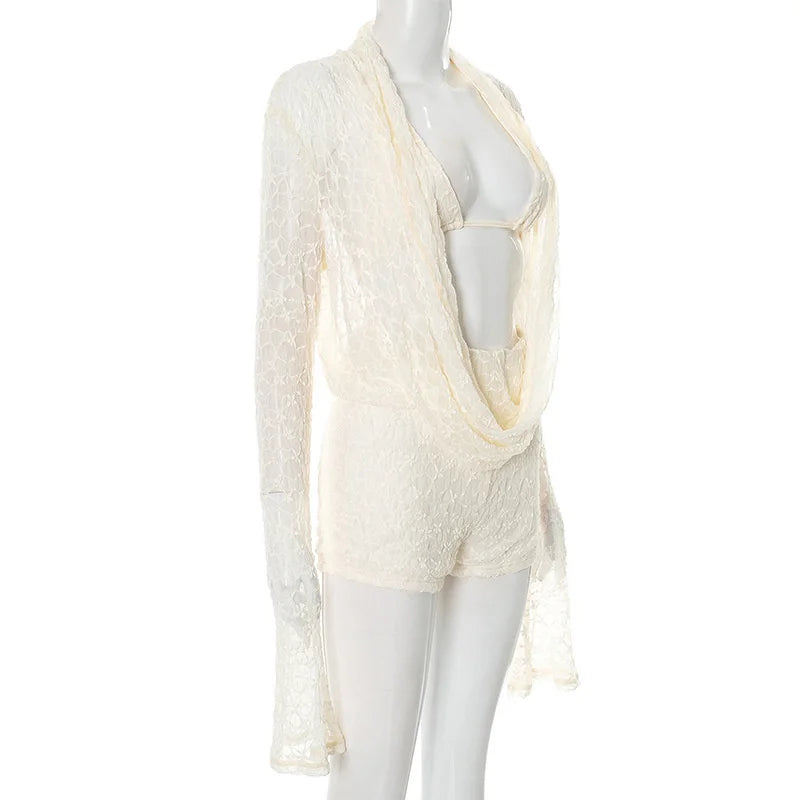 Mozision Lace Two Piece Set Women See Through Long Sleeve T-shirt And Shorts Matching Sets Female Elegant Shorts Two Piece Set
