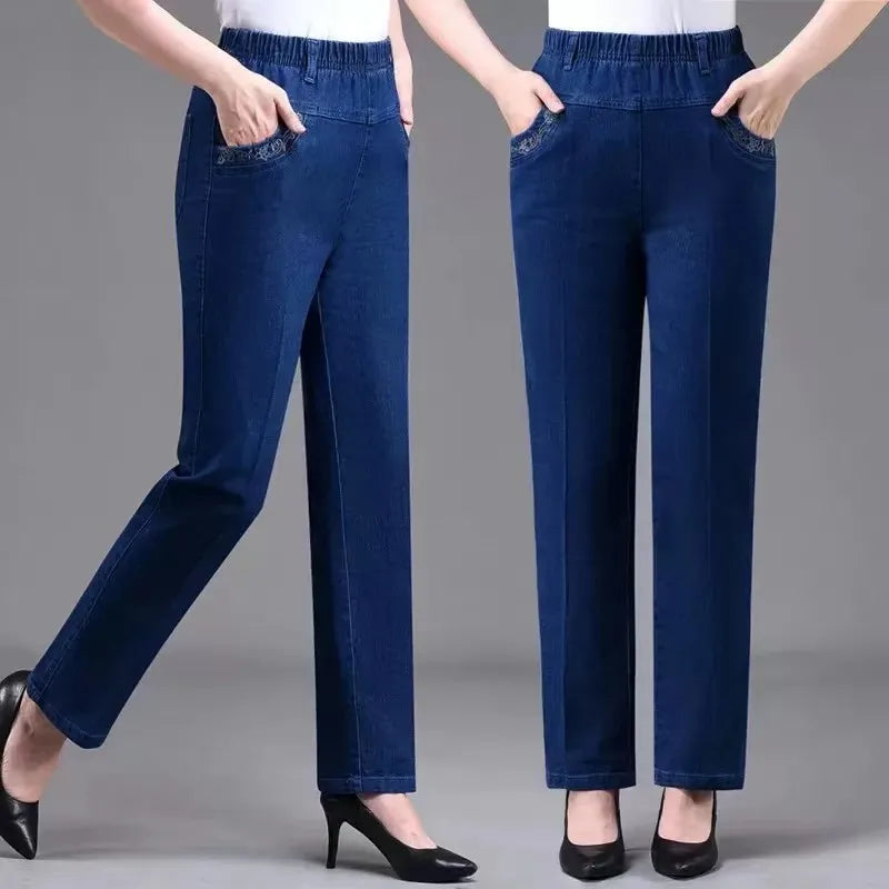 Women's Embroidered Straight-Leg Jeans | Elastic Waist