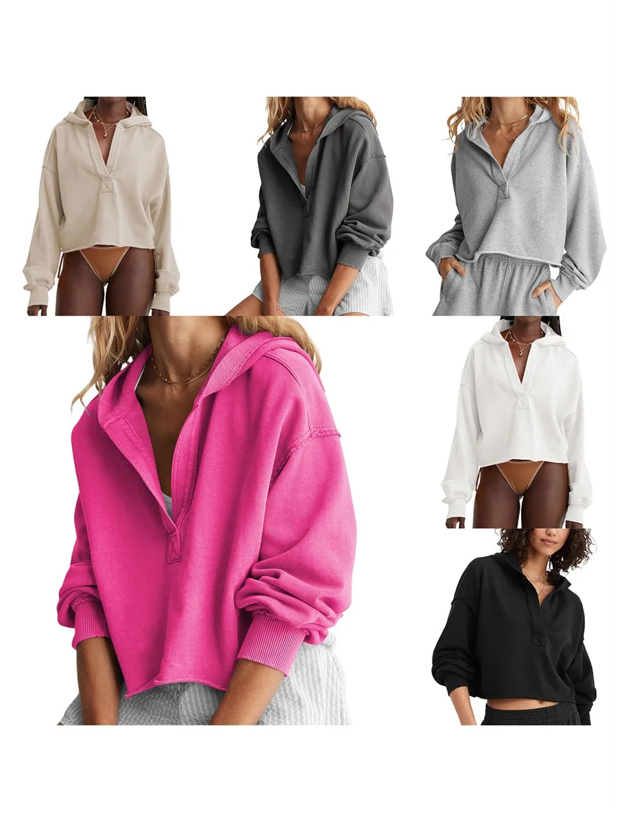 Women's Relaxed V-Neck Cropped Hoodie