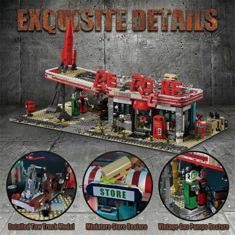Movie Game Red Abandoned Gas Station Architecture Doomsday House Modular Building Blocks Model Kit Adult DIY Gift 2221PCS