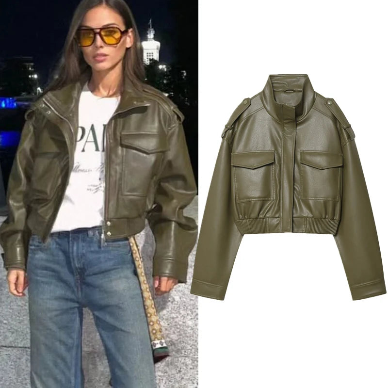 Women's Jacket Faux Leather Jacket Green Women's Demi-Season Jacket Outerwears Women's Autumn New In Coat Windbreaker Streetwear