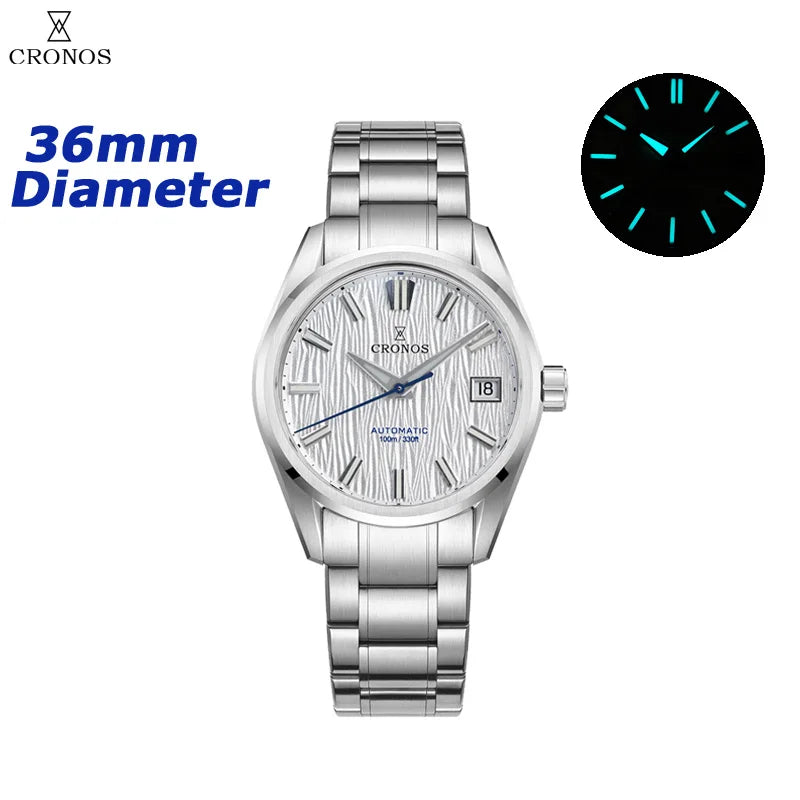 Cronos Men Watch 36mm Automatic PT5000 Miyota 9015 Movement Wristwatches White Dial Birch Pattern Sapphire 10 ATM L6048M