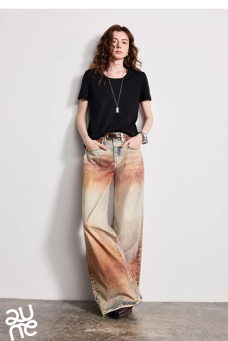 TOYOUTH Women Jeans 2026 Spring New Wilderness Wasteland Style Mid Low Waist Loose Printed Wide Leg Pants