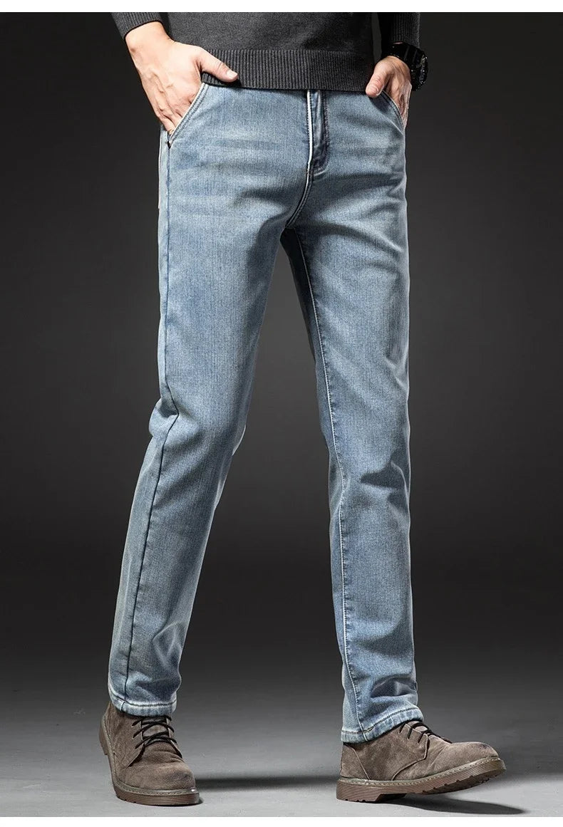 2025 Winter New Men's Fleece Thickened Jeans Retro Blue Hot Straight Casual Pants Stretch Premium Velvet Warm Denim Pants