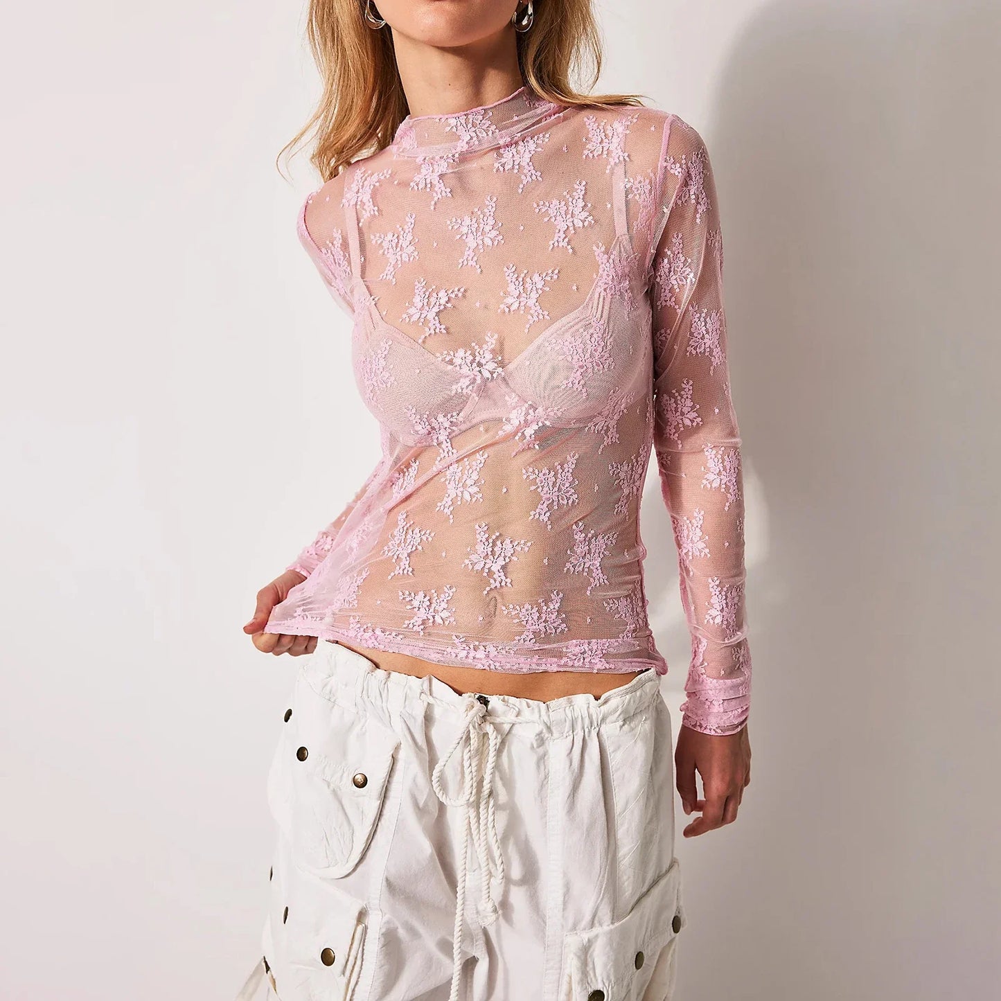 Women's Long Sleeve Mock Neck Lace Top
