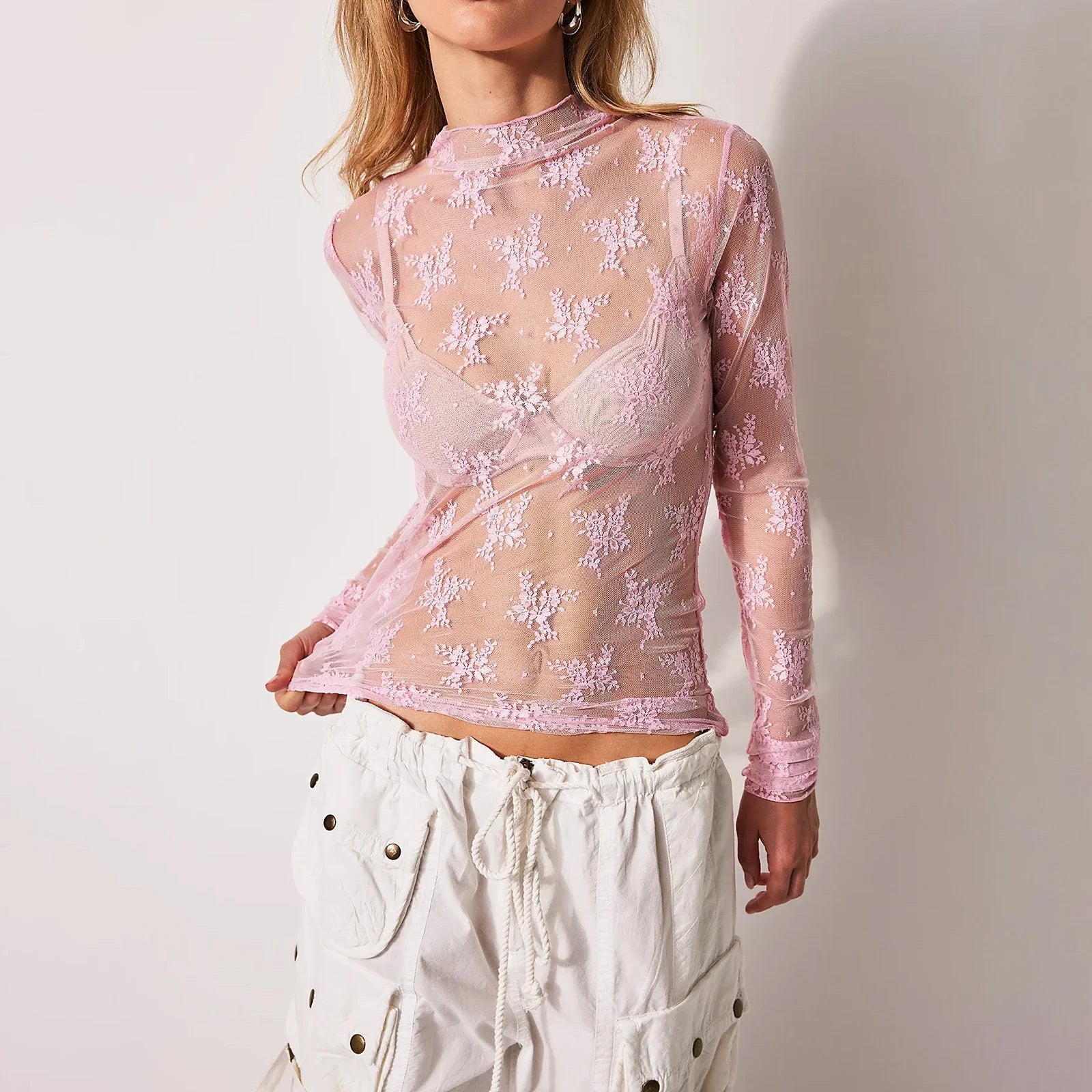 Women's Long Sleeve Mock Neck Lace Top