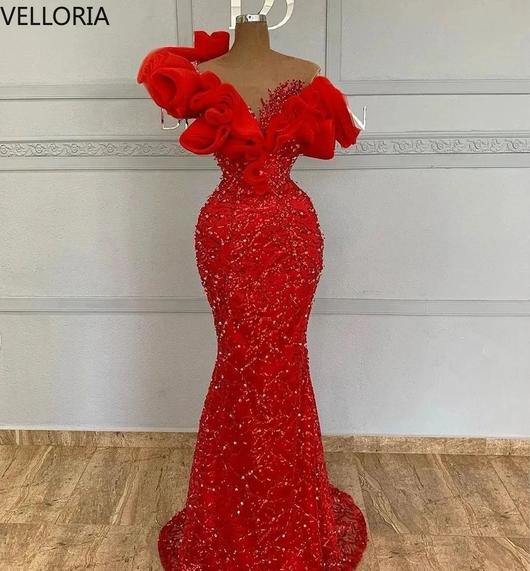 Red Mermaid Evening Gowns Beaded Prom Dresses Ruffled Off-Shoulder Sleeves Sexy Formal Dress Women Pageant Gown Customized
