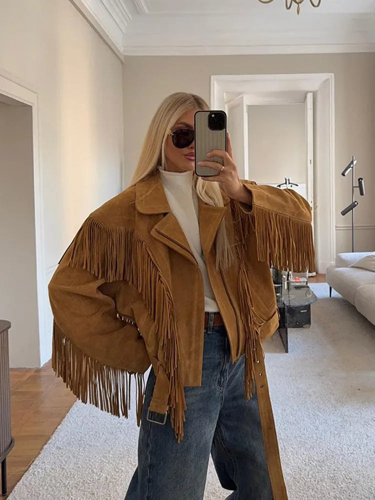 Brown Retro Suede Lapel Zippered Short Jackets Women's Casual Full Sleeves Pocket Loose Coats 2026 Spring Daily Commute Outwear
