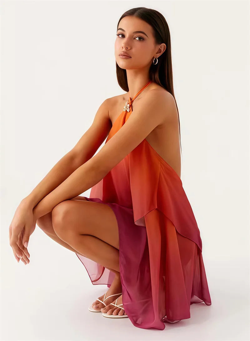 Women's Gradient Halter Backless Mini Dress – Elegant Mesh Off-Shoulder Party Gown