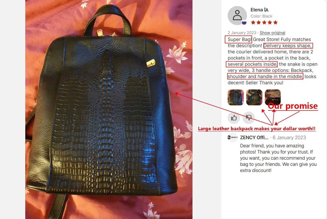 Zency Women's Crocodile Leather Backpack 100% Genuine Natural Travel Work School Bag with Notebook Compartment Laptop Carry-on