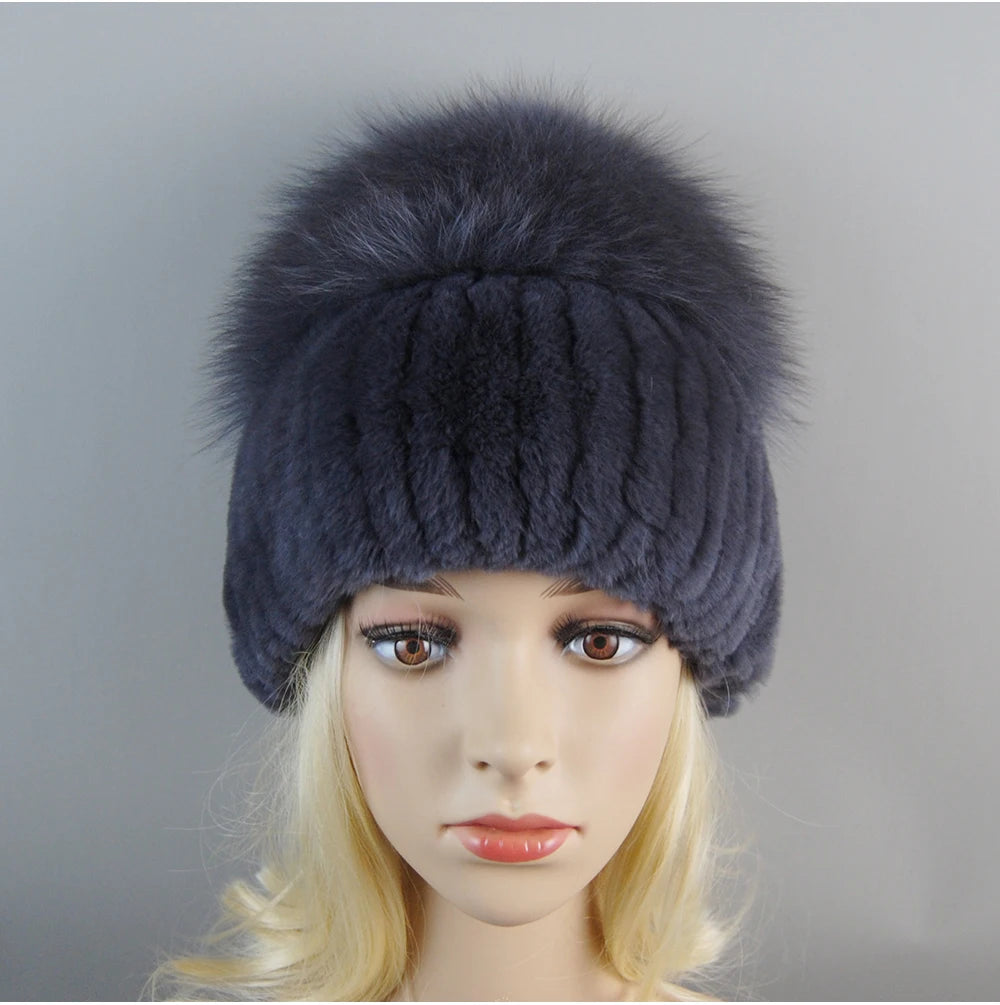 Women's Luxury Rex Rabbit & Fox Fur Beanie Hat