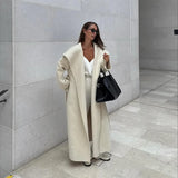 Navy Collar Lace Up Woolen Long Coat Women Elegant V-neck Full Sleeves Pockets Loose Overcoat 2026 Spring Lady Daily Street Wear