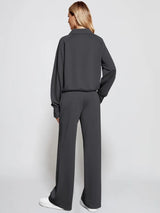 Woman Solid Color Half Zip Long Sleeve Sweatshirt and Wide Leg Pants Set Casual Sporty Two Piece Outfit