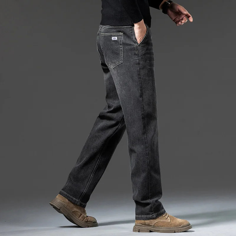 Men's Winter Fleece Thicken Lightweight Business Straight Leg Jeans Solid Color Versatile Slight Elastic Long Pants
