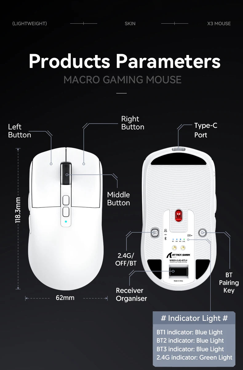 Attack Shark X6 Wireless Mouse RGB Touch Magnetic Charging Base PAW3395 Tri-Mode Connection Macro Gaming Mouse