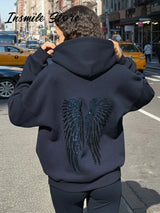 Casual Sequin Wings Hooded Sweatshirt Pant Set Women Solid Loose Full Sleeve Pullover Suit 2026 Spring Autumn Lady Daily Outfit