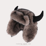 Ox horn pilot hat faux fur Bomber hat women ski cap winter hat thickened warm ear protection hat versatile bull head hat 털모