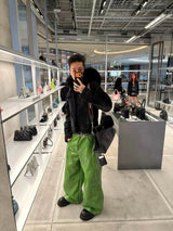 Olive Green PU Leather Wide Leg Pants — Men's Y2K Streetwear Trousers