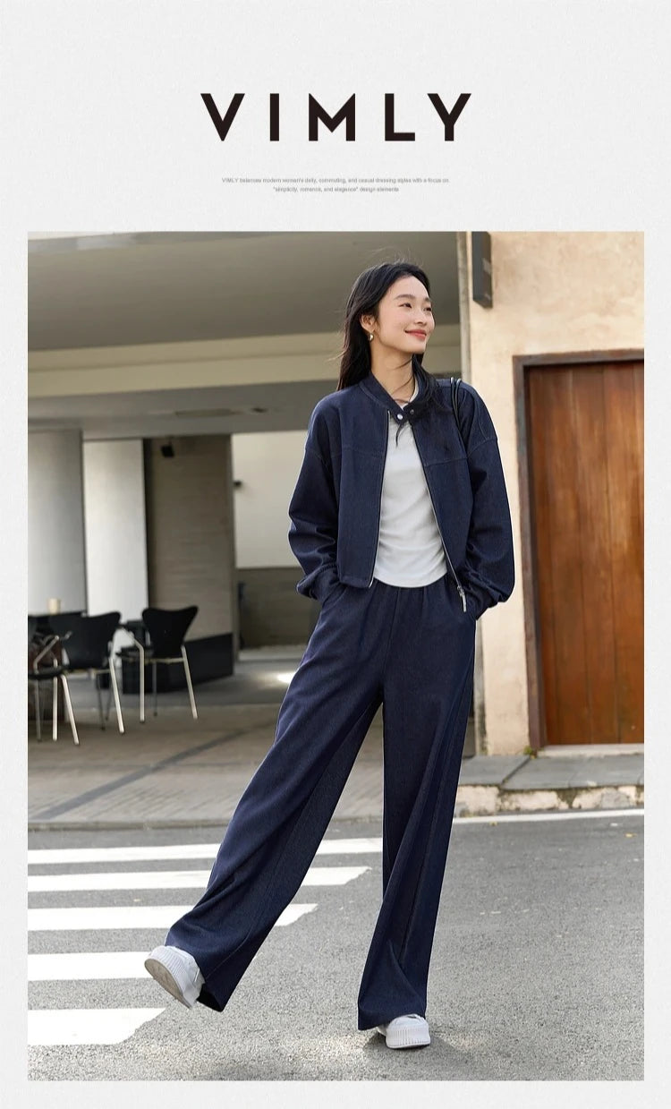 VIMLY 2 Piece Pant Set Woman Casual Outfits Women's Pant Suit 2026 Blue Stand-up Collar Jacket and Trouser Female Clothing A0119