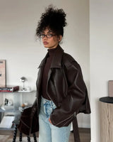 Women's Dark Red Zipper Leather Short Jackets Chic Long Sleeve Lace Up Lapel Loose Button Coat Lady Daily High Street Wear 2025