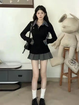 American Sle  Collar Long Sve T-irt Women's Slim Fit Embroidered Fake Two-Piece Top Trendy Autumn New Arrival