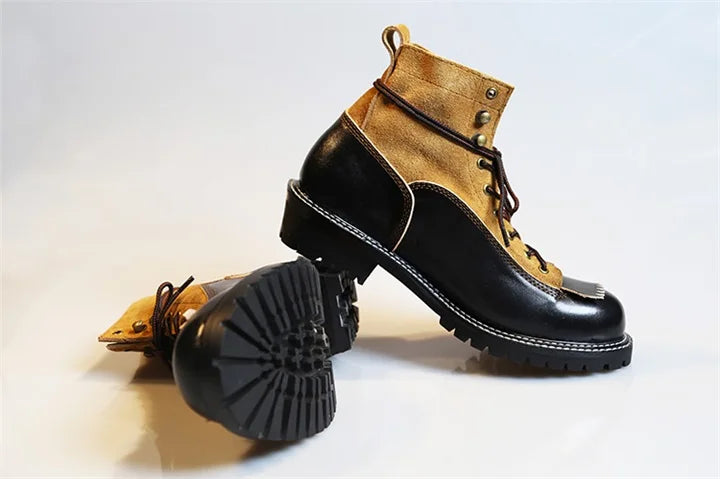 KOWM Hiking shoes men's cowhid boots British leather trekking shoes thick soled ankle sneakers cowhide high top motorcycle boots