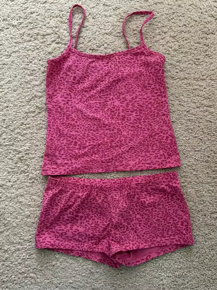 Strawberry Vest Shorts 2 Pieces Set Woman Eyelet Bow Slim Tank Top with Elastic Waist Patchwork Straight Short Pant Sweet Sets