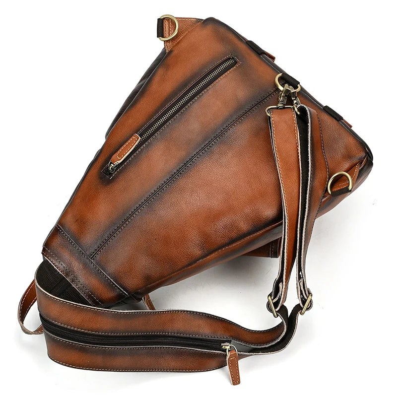 Single Shoulder Bagpack Genuine Leather Chest Bag Outdoor Riding Bag Chest Packs For Biker Men Male Sling Bags Cow Leather