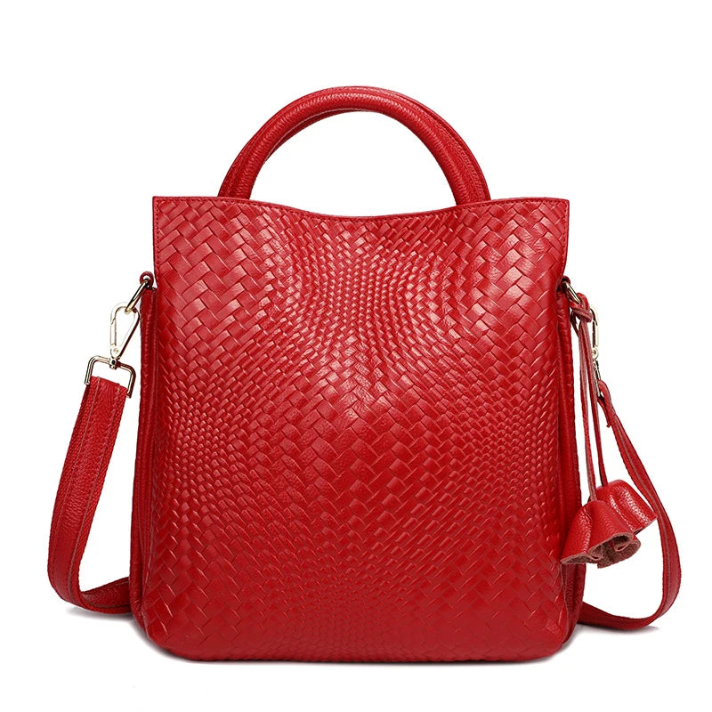 Fashionable and luxurious woven pattern casual versatile black woven pattern daily commuting cowhide women's handbag