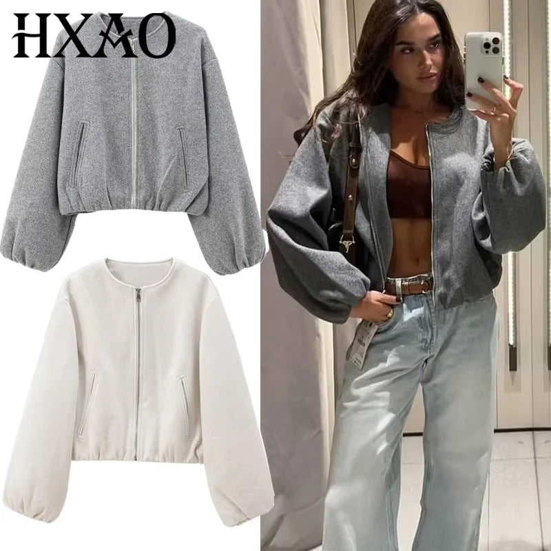 HXAO Cropped Bomber Jacket – Women's Soft Zip-Up Coat