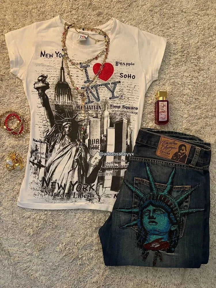 Y2K High-Waist Baggy Jeans – Rhinestone & Liberty Embroidery