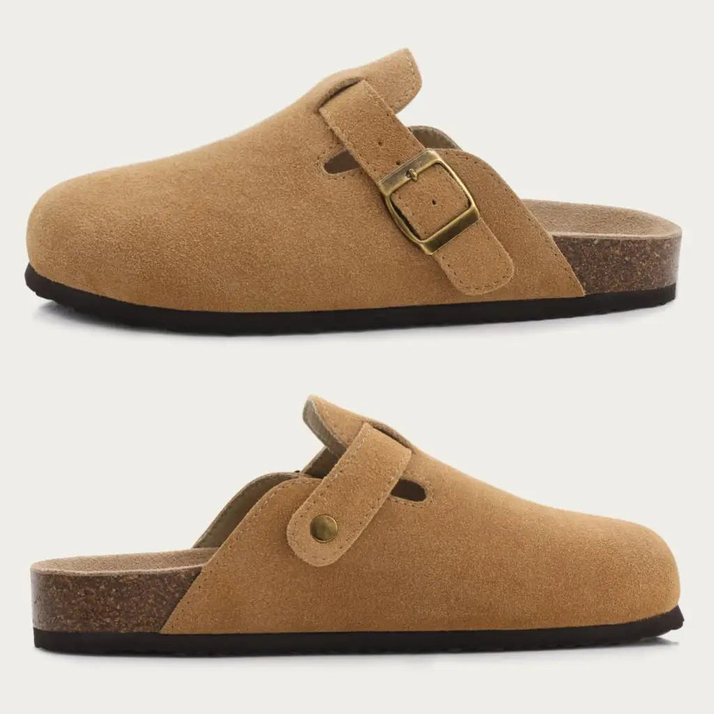 Evshine Men's Suede Clogs Fashion Leather Mules Cozy Footbed Slippers With Adjustable Buckle AntiSlip Cork Slippers Unisex Mules