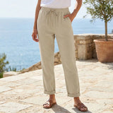 Women's Cotton Linen Elastic Waist Straight Leg Pants