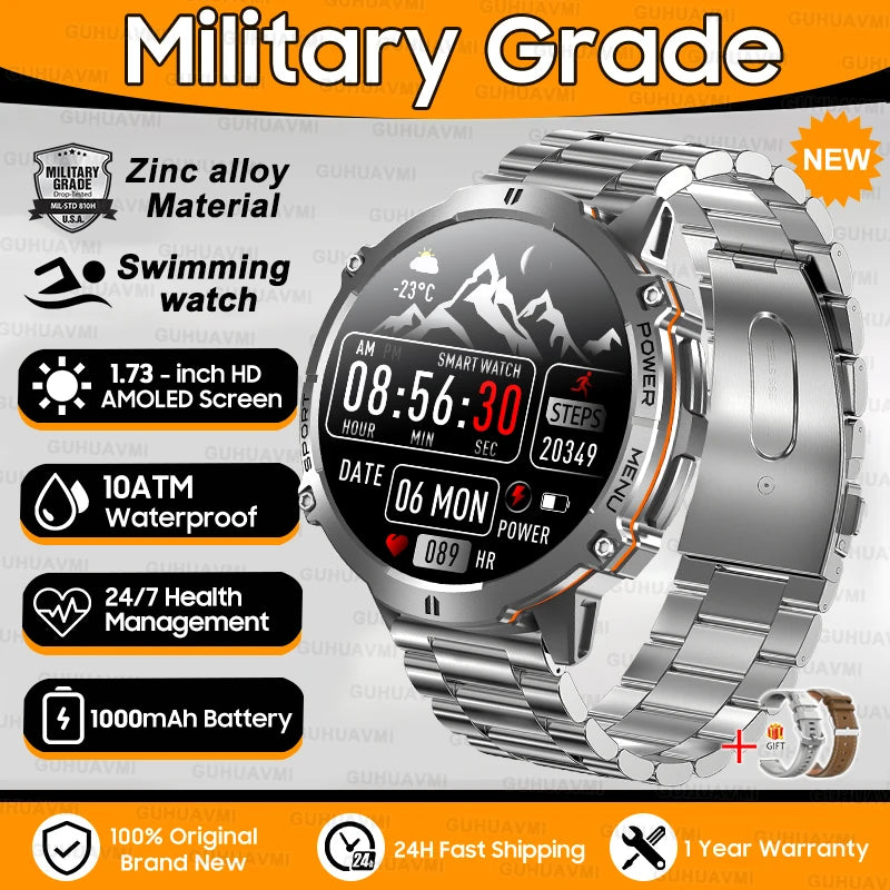 2025 New 1000mAh Battery Sports SmartWatch 1.73" AMOLED Screen 10ATM Waterproof Compass Altimeter Military T-Rex3 Smartwatch Men