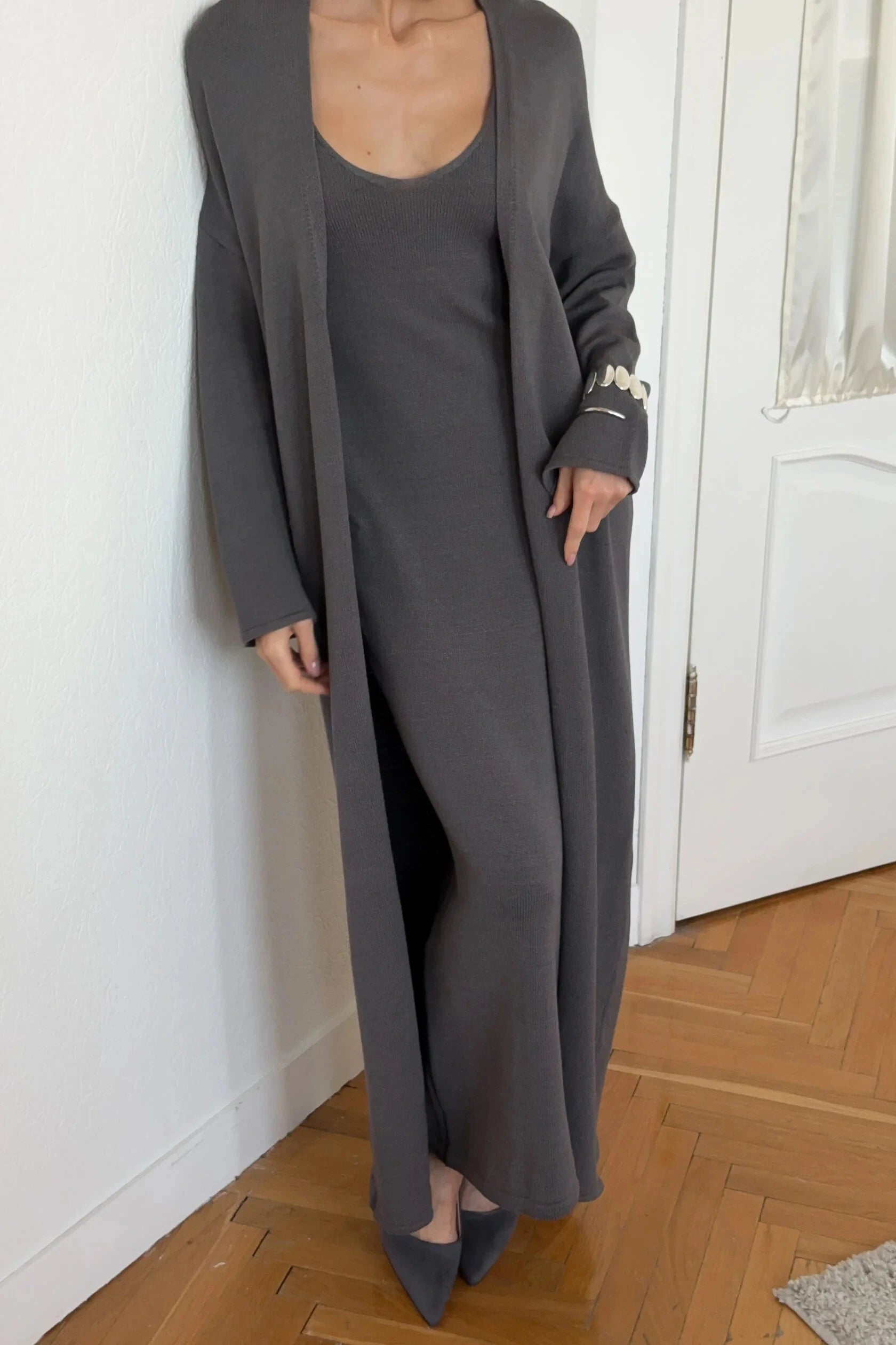 Hirsionsan Soft Loose Sets Women Two Pieces Long Sleeve Cardigan & Vest Dresses Elegant Female Hollow Outfits Cotton Tracksuit