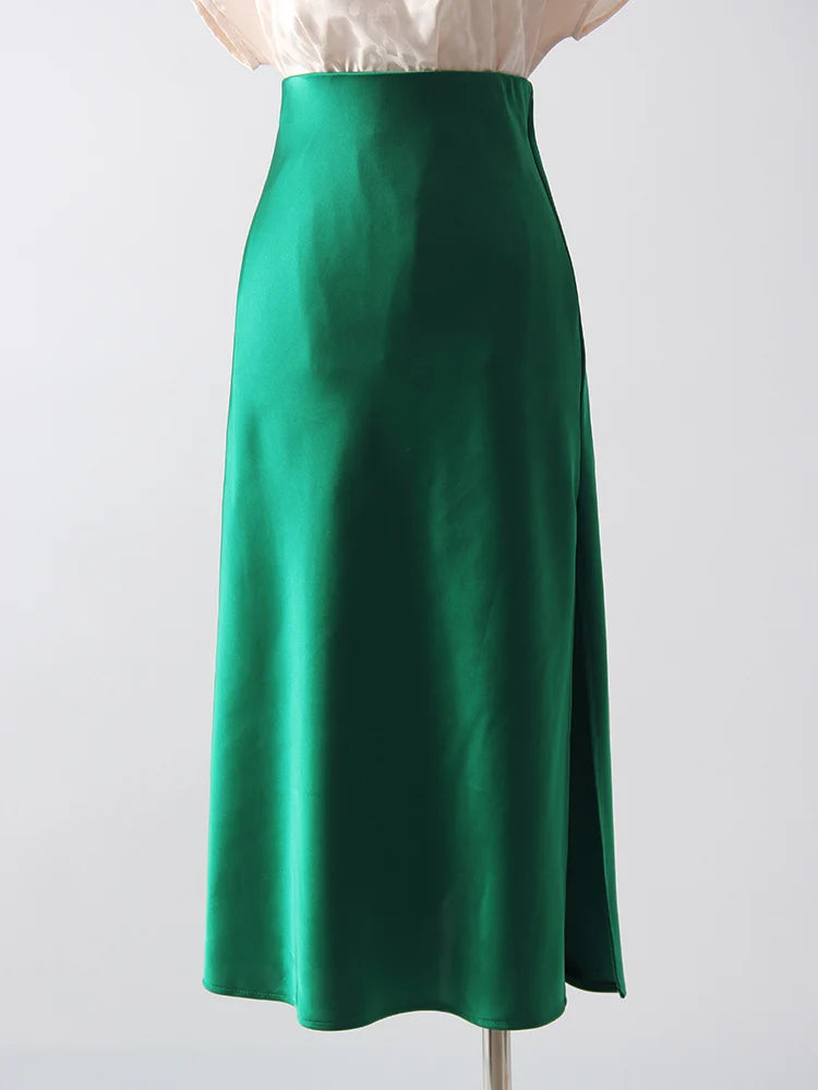Women's Satin Midi Skirt – Elegant A-Line with Slit